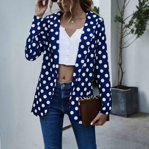 Independent Long-Sleeved Polka-Dot Women Casual Jacket - Blue |image