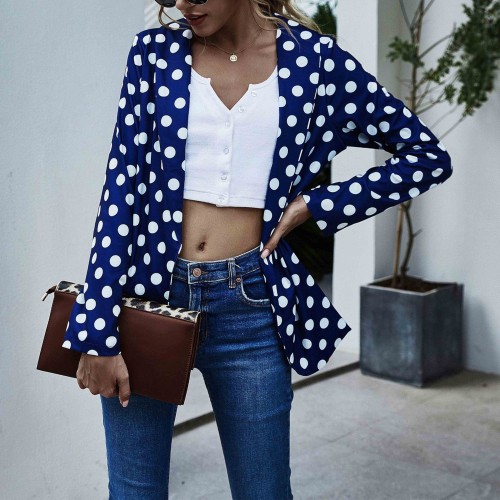 Independent Long-Sleeved Polka-Dot Women Casual Jacket - Blue |image
