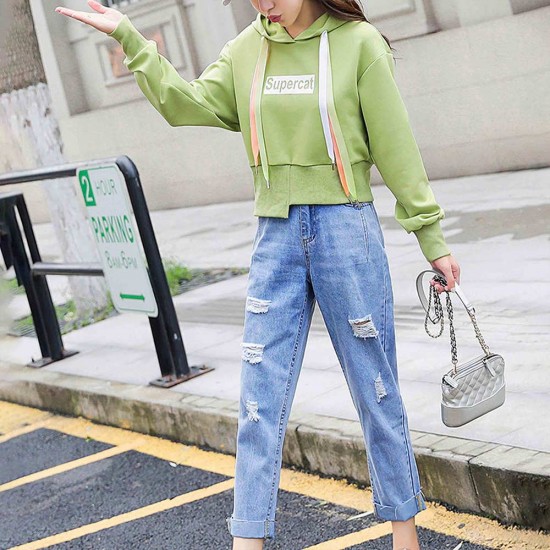 Alphabet Printed Full Sleeve Women's Drawstring Hoodie - Green |image