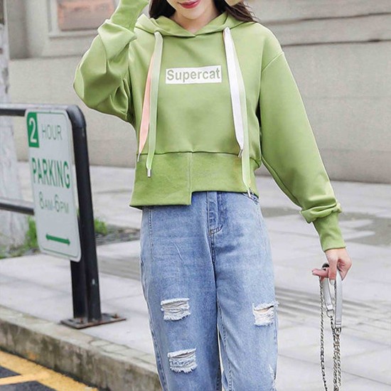 Alphabet Printed Full Sleeve Women's Drawstring Hoodie - Green |image