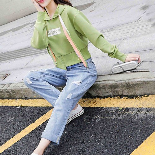 Alphabet Printed Full Sleeve Women's Drawstring Hoodie - Green |image