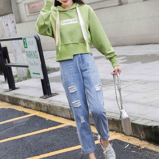 Alphabet Printed Full Sleeve Women's Drawstring Hoodie - Green |image