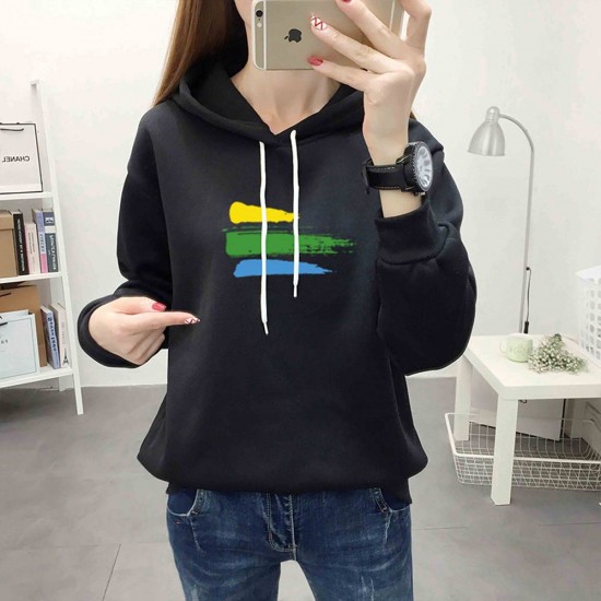 Cotton Fabric Casual Kangaroo Pocket Women Winter Hoodie - Black |image