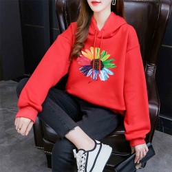 Elegant Style Flower Printing Long Sleeve Women Hoodie - Red