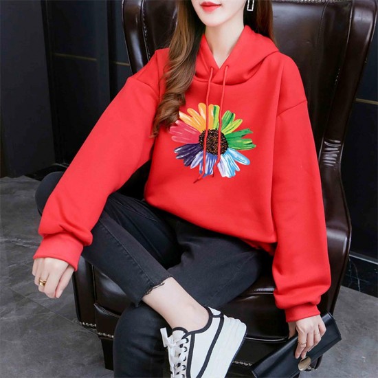 Elegant Style Flower Printing Long Sleeve Women Hoodie - Red |image
