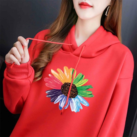 Elegant Style Flower Printing Long Sleeve Women Hoodie - Red |image