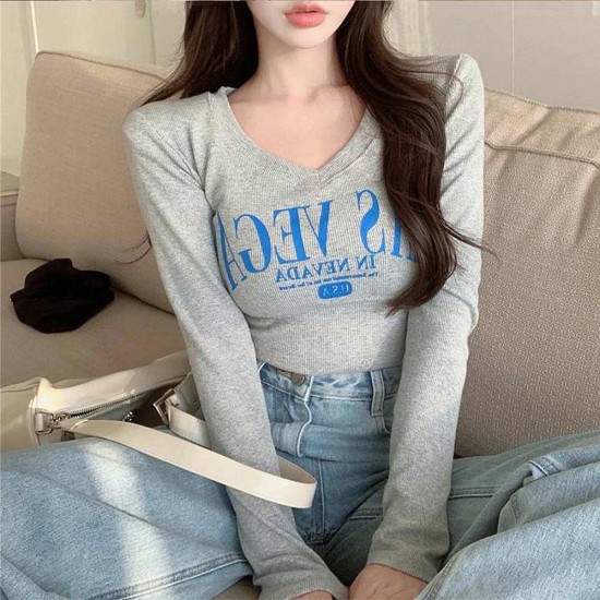 Navel Bottom Shirt Tight V-neck Letter Print Women Sweater - Grey |image