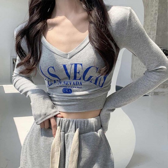 Navel Bottom Shirt Tight V-neck Letter Print Women Sweater - Grey |image