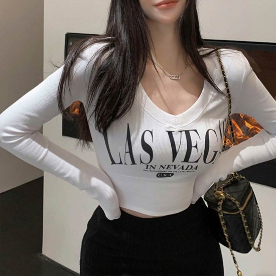 Navel Bottom Shirt Tight V-neck Letter Print Women Sweater - White |image