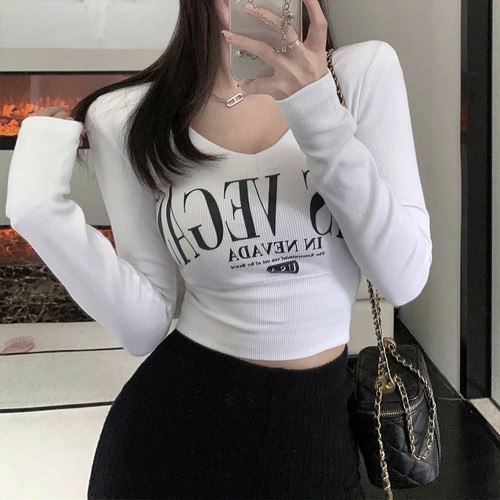Navel Bottom Shirt Tight V-neck Letter Print Women Sweater - White |image