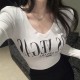 Navel Bottom Shirt Tight V-neck Letter Print Women Sweater - White |image