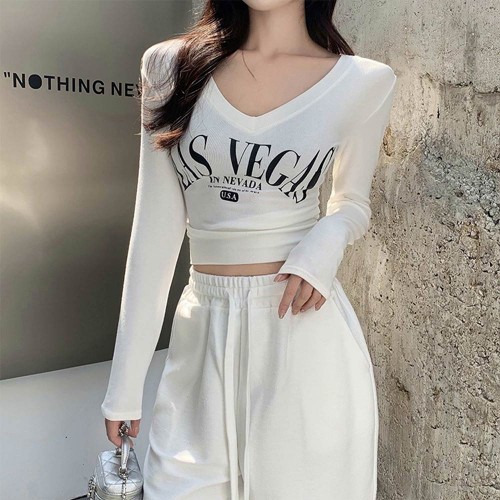 Navel Bottom Shirt Tight V-neck Letter Print Women Sweater - White |image