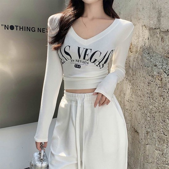 Navel Bottom Shirt Tight V-neck Letter Print Women Sweater - White |image