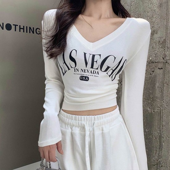 Navel Bottom Shirt Tight V-neck Letter Print Women Sweater - White |image