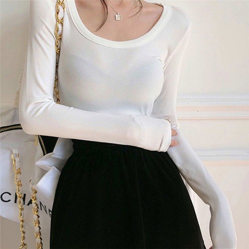 Long Sleeve Scoop Neck Women's Sweater - White |image