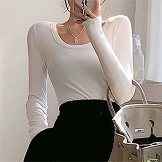 Long Sleeve Scoop Neck Women's Sweater - White |image