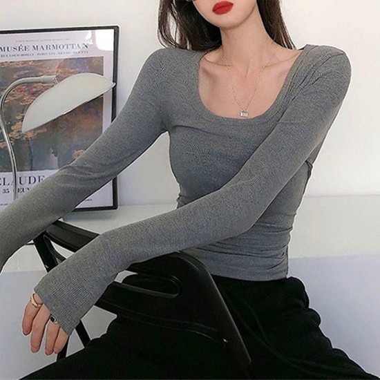 Long Sleeve Scoop Neck Women's Sweater - Grey |image