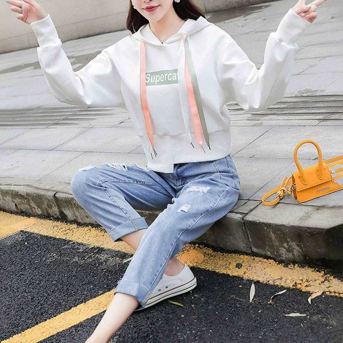 Alphabet Printed Full Sleeve Women's Drawstring Hoodie - White |image