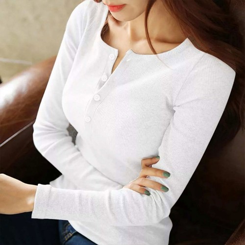 Threaded Cotton Bottoming Long Sleeved Women's Sweater - White |image