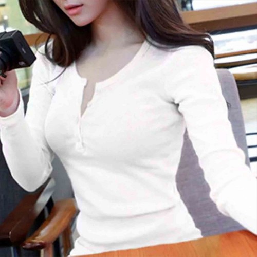 Threaded Cotton Bottoming Long Sleeved Women's Sweater - White |image