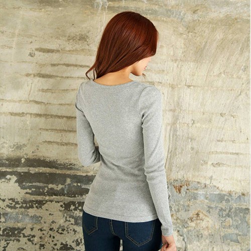 Threaded Cotton Bottoming Long Sleeved Women's Sweater - Grey |image