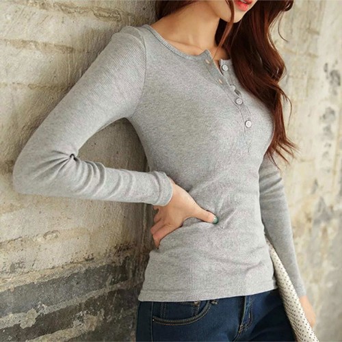 Threaded Cotton Bottoming Long Sleeved Women's Sweater - Grey |image