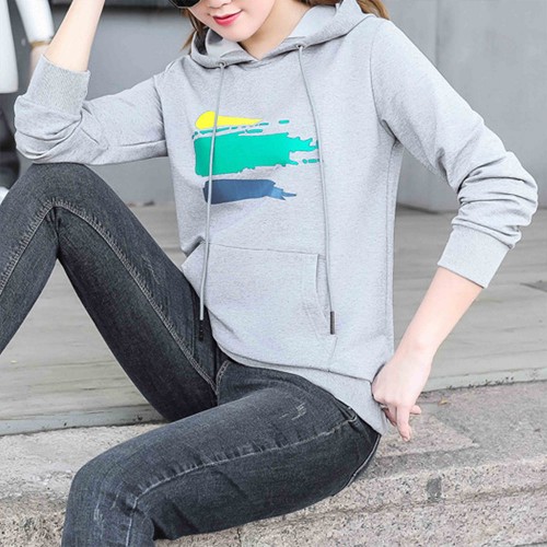 Cotton Fabric Casual Kangaroo Pocket Women Winter Hoodie - Grey |image