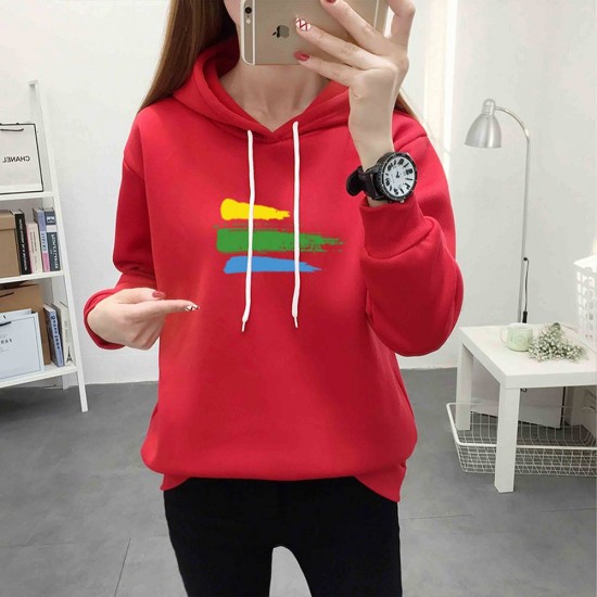 Cotton Fabric Casual Kangaroo Pocket Women Winter Hoodie - Red |image