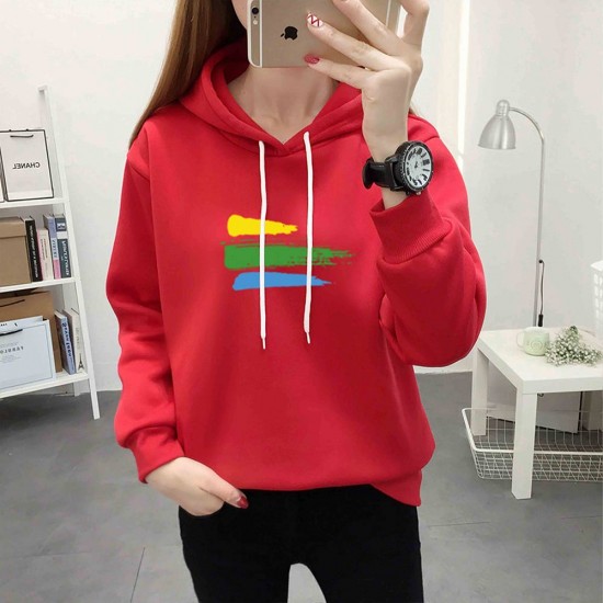 Cotton Fabric Casual Kangaroo Pocket Women Winter Hoodie - Red |image
