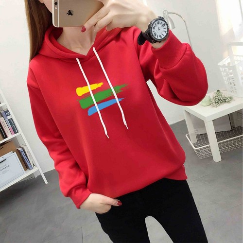Cotton Fabric Casual Kangaroo Pocket Women Winter Hoodie - Red |image