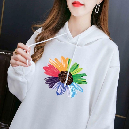 Elegant Style Flower Printing Long Sleeve Women Hoodie - White |image