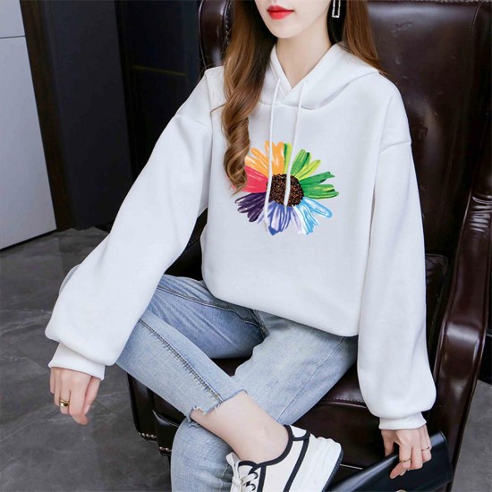 Elegant Style Flower Printing Long Sleeve Women Hoodie - White |image