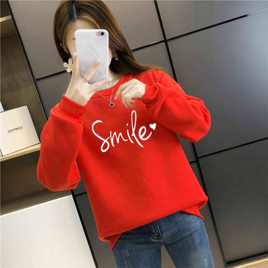 Loose Long Sleeved Korean letter printing Women Sweater - Red |image