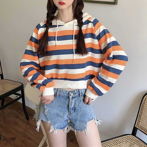 Stripes Printing Casual Drawstring Loose Hoodie - Orange |image