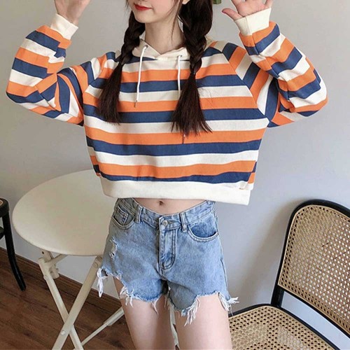Stripes Printing Casual Drawstring Loose Hoodie - Orange |image