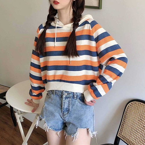 Stripes Printing Casual Drawstring Loose Hoodie - Orange |image