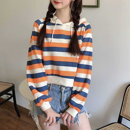 Stripes Printing Casual Drawstring Loose Hoodie - Orange |image