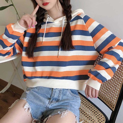 Stripes Printing Casual Drawstring Loose Hoodie - Orange |image