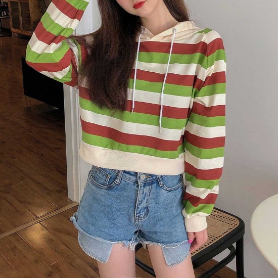 Stripes Printing Casual Drawstring Loose Hoodie - Green |image
