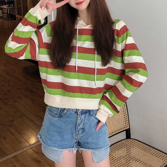 Stripes Printing Casual Drawstring Loose Hoodie - Green |image