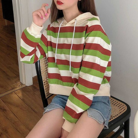 Stripes Printing Casual Drawstring Loose Hoodie - Green |image