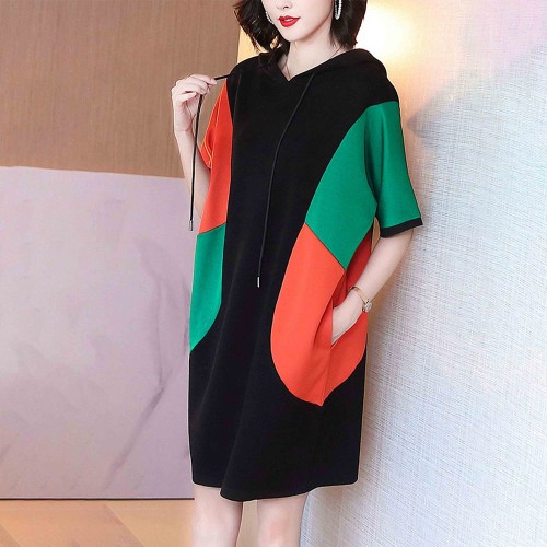 Mid Length Drawstring Side Pocket Color Block Hoodie - Black |image