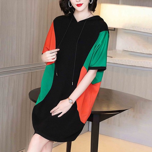 Mid Length Drawstring Side Pocket Color Block Hoodie - Black |image