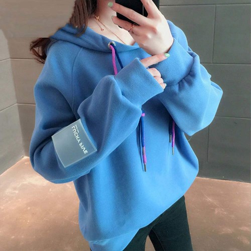Loose Drawstring Plain Color Long Sleeve Women Hoodie - Blue |image