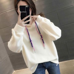 Loose Drawstring Plain Color Long Sleeve Women Hoodie - Cream