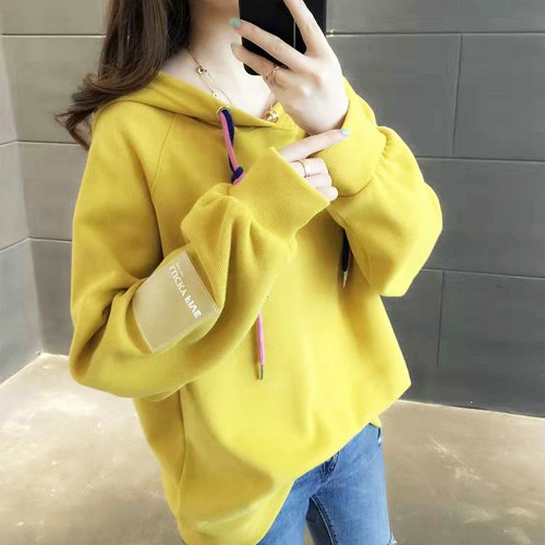 Loose Drawstring Plain Color Long Sleeve Women Hoodie - Yellow |image