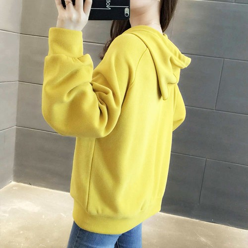 Loose Drawstring Plain Color Long Sleeve Women Hoodie - Yellow |image