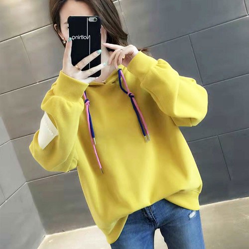 Loose Drawstring Plain Color Long Sleeve Women Hoodie - Yellow |image