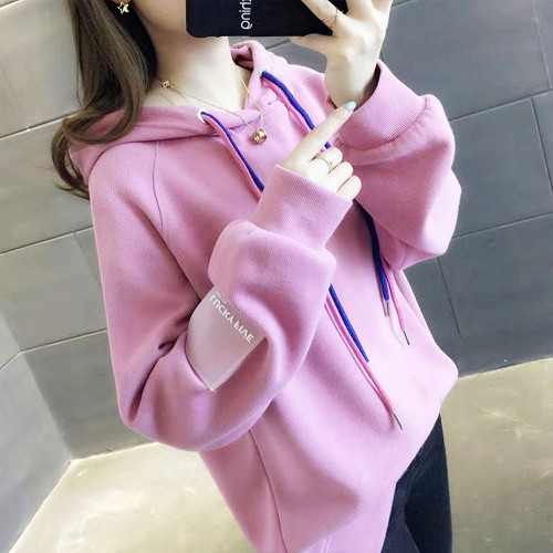 Loose Drawstring Plain Color Long Sleeve Women Hoodie - Pink |image
