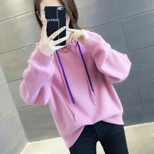 Loose Drawstring Plain Color Long Sleeve Women Hoodie - Pink |image